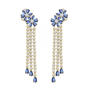 Par aros largos, 3 tiras , flor, amarillos con piedras azules y blancas. Largo aprox: 6 cm