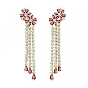 Par aros largos, 3 tiras , flor, amarillos con piedras fucsia y blancas. Largo aprox: 6 cm