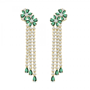 Par aros largos, 3 tiras , flor, amarillos con piedras verdes y blancas. Largo aprox: 6 cm