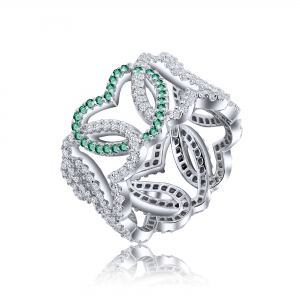 Anillo corazones, calado, sin fin, con piedras blancas y verdes