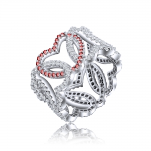 Anillo corazones, calado, sin fin, con piedras blancas y fucsia