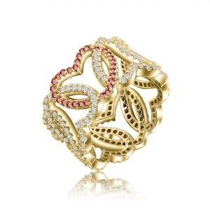 Anillo corazones, calado, sin fin, amarillo, con piedras blancas y fucsia