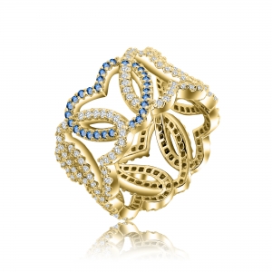 Anillo corazones, calado, sin fin, amarillo, con piedras blancas y azules