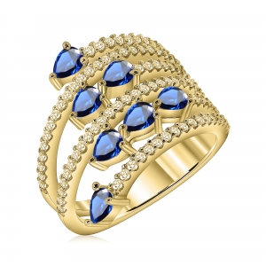Anillo vueltas, amarillo, con piedras blancas y azules