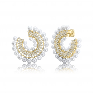 Par aros circulo con piedras y perlas, amarillo. Diametro: 3 cm