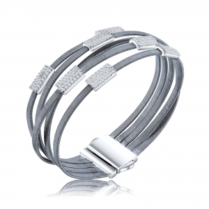 Esclava ancha, rodio negro 5 tiras con apliques rectangulares pavee y cierre