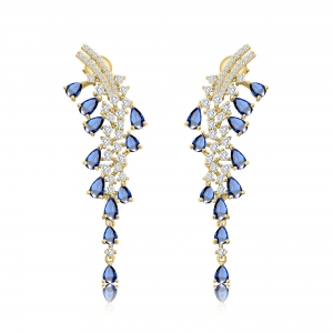 Par aros largos, amarillos, con piedras azules