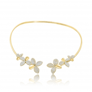 Gargantilla rigida con flores pavee y petalos sin piedra, amarilla