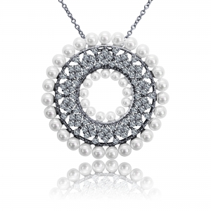 CONJUNTO CIRCULO CON PERLAS Y CUBIC RODINADO Y RODIO NEGRO

