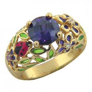 piedra central amatista flores esmalte alrededor anillo amarillo