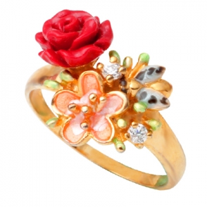 anillo rosa flor esmalte amarillo