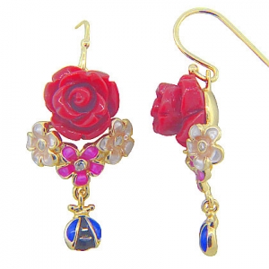 Par aro,s tipo colgante, gancho, rosa, flores, esmalte, amarillo