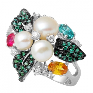 hojas piedras colores tres perlas anillo
