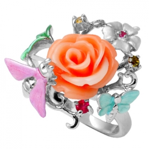 rosa mariposas esmalte anillo 