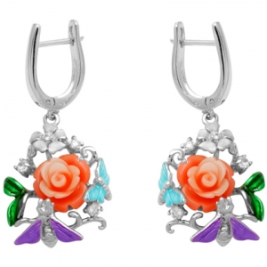 Par aros colgantes, rosa, mariposas, piedras, esmalte