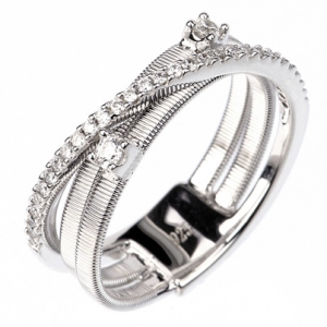 Anillo linea premium, hilos retorcidos doble, cruzado, con tira de piedras, blanco