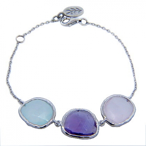 pulsera con tres piedras naturales amatista brasilera, cuarzo rosa,calcedonia azul
