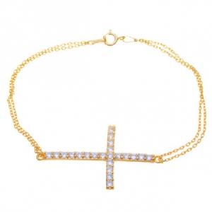 Pulsera doble cadena rolo cruz pasante pave amarilla