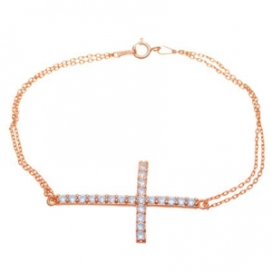 Pulsera doble cadena rolo cruz pasante pave roja