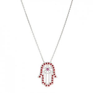 conjunto manito calada con piedras rojas y piedra rosada al centro