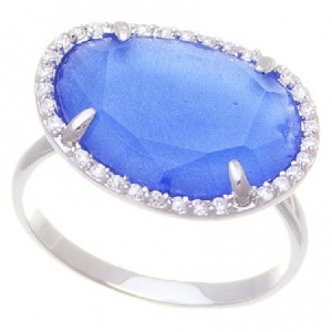 Anillo piedra azul amorfa borde pave