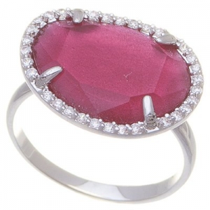 Anillo piedra fucsia amorfa borde pave