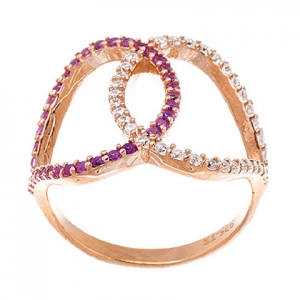 anillo gotas cruzadas calado rosado, piedras rosadas y blancas