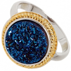 Anillo piedra rasposa azul redondo enchapado amarillo