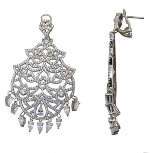 Par aros Premium colgantes, calados, con piedras blancas, y piedras forma de gota por debajo , cierre pasante y clip