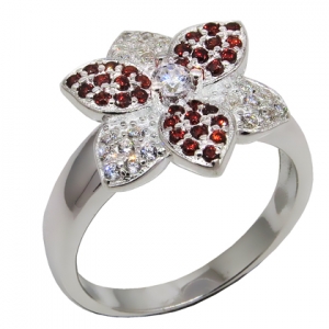 anillo flor con piedras blancas y rojas