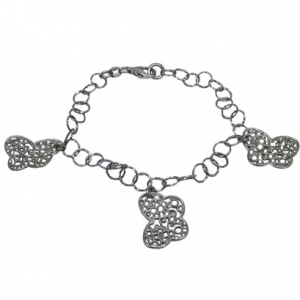 pulsera eslabones redondos con 3 dijes mariposas caladas, blanca