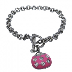 pulsera eslabonada con dije cartera esmaltado rosa con piedras