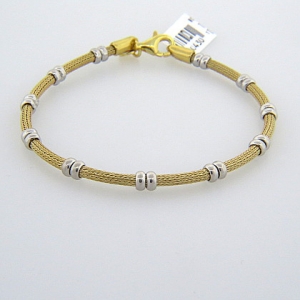 pulsera tejida semi rigida amarilla con argollas dobles blancas