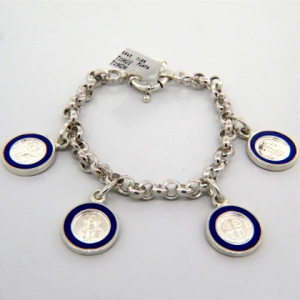 pulsera eslabones,colgantes religiosos,esmalte azul ( san Jorge, san Benito, sagrado corazon, Espiritu Santo )