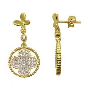 Par aros colgantes, calados con flor, piedras, amarillos