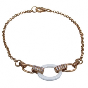 pulsera centro ceramica blanca piedras a los costados, enchapado rosado