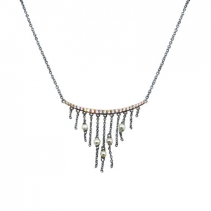 conjunto barrita rosada de piedras con cadenita y perlas colgantes