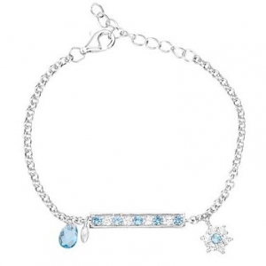 Pulsera cadenita con barra de piedras celestes y blancas, al centro, para nena