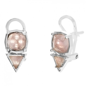 Par aros piedras rosadas, cuadrada y triangular, pasante y clip