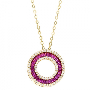 conjunto circulo con piedras baguettes fucsias, enchapado amarillo