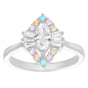 anillo oval piedra blanca con piedras multiculor, y baguettes a su alrededor