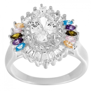 anillo piedra blanca central, baguettes y piedras multicolor a su alrededor