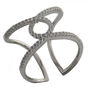 anillo abierto, cruzado, con piedras, blanco