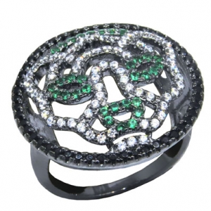 anillo pantera rodio negro con piedras blancas y verdes